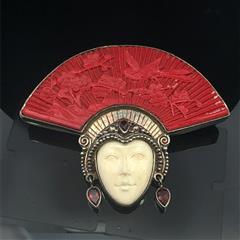 Sajen Vintage Pendant Pin 925 Sterling Silver Fan Face Cinnabar Garnet